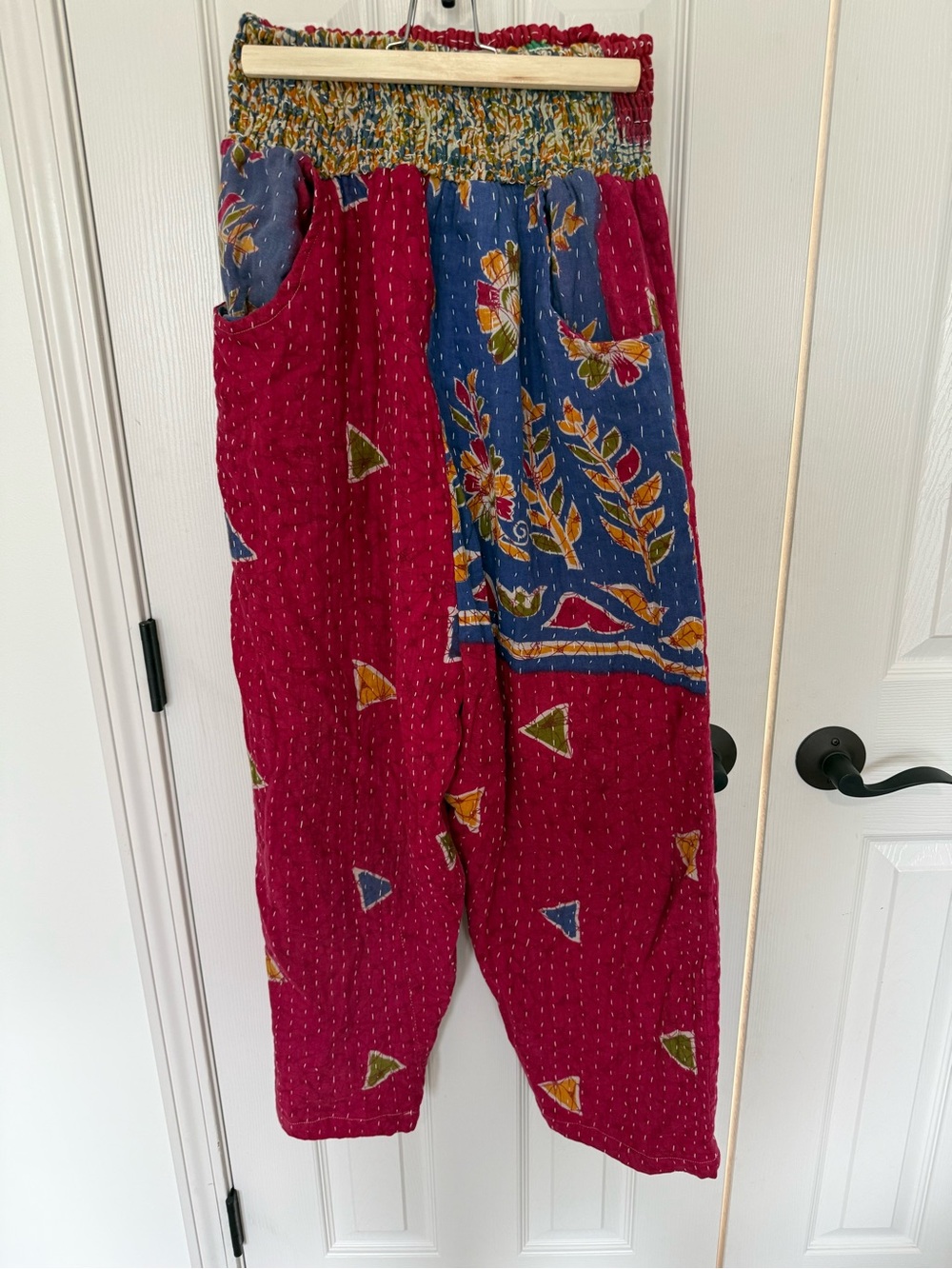 Boho 100% Cotton Wide Leg, drop crotch Pants - Cranberry & Blue